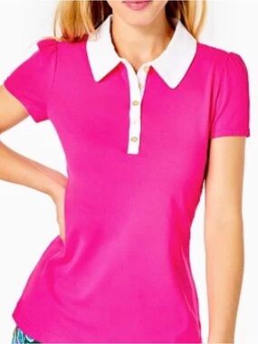Lilly Pulitzer UPF 50+ Luxletic Frida Puff Sleeve Polo Womens Large Acai Berry